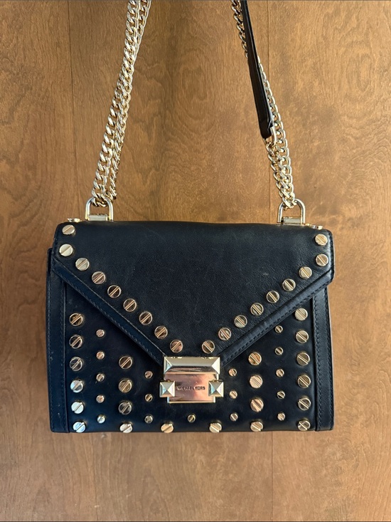 Michael Kors Handbags - Michael Kors Black Leather Studded Crossbody with Gold Chain